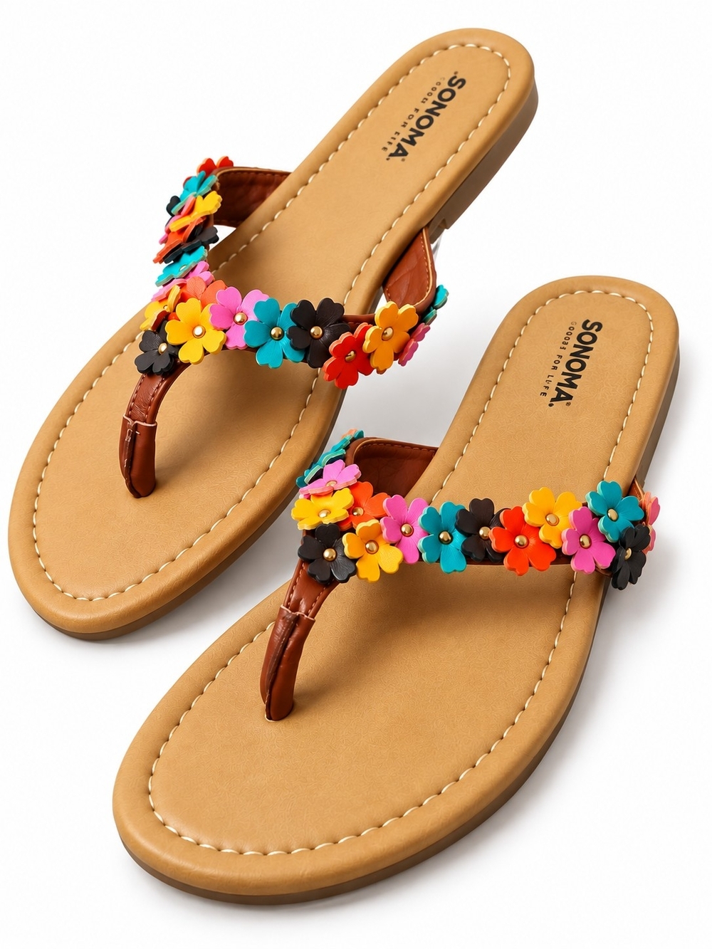 A155. SONOMA Floral Thong Sandals Brown & Multicolor US 9 NWT